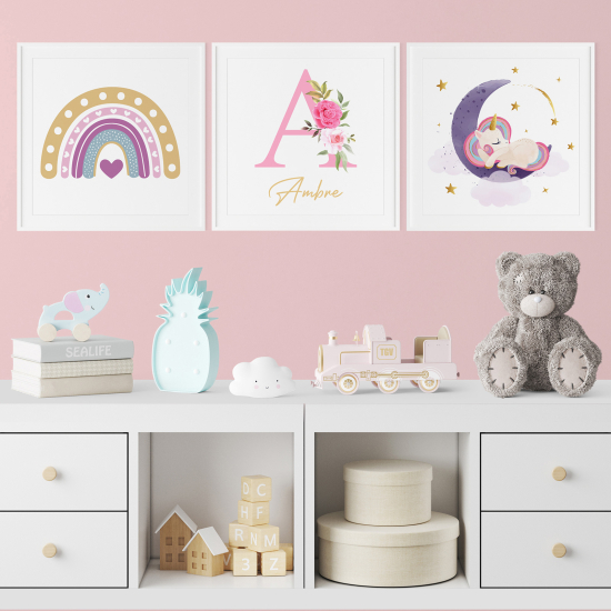 Set di 3 Poster personalizzato per bambini - Arcobaleno Unicorno
