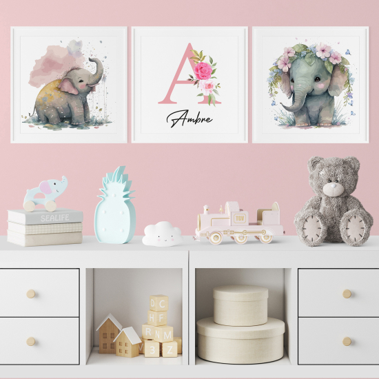 Set di 3 Poster personalizzato per bambini - Elefanti