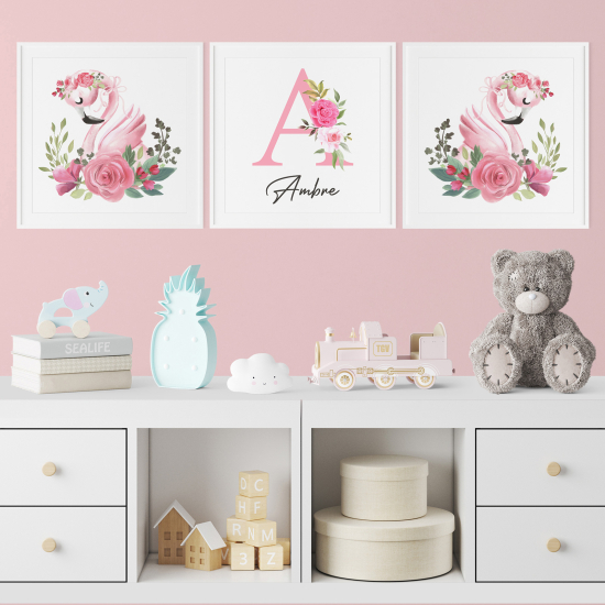 Set di 3 Poster personalizzato per bambini - Fenicotteri rosa