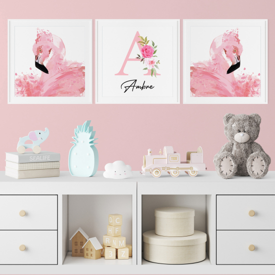 Set di 3 Poster personalizzato per bambini - Fenicotteri Rosa