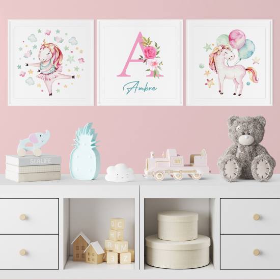 Set di 3 Poster personalizzato per bambini - Unicorni