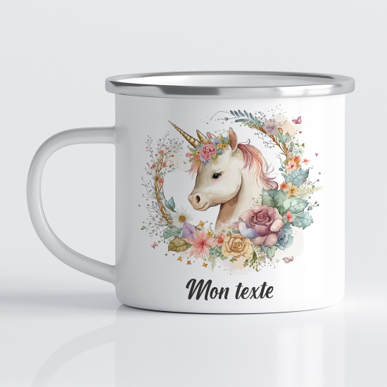 tazza smaltata personalizzata per Bambini - Unicorno Floreale