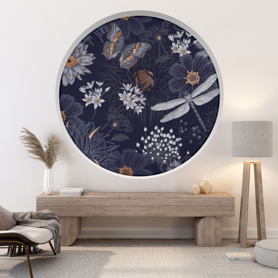 Adesivo Murale - Illusione ottica - Arco rotondo - Fiori Libellula