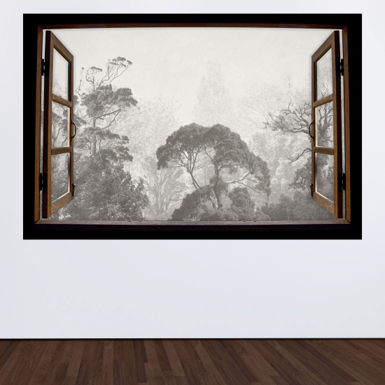 Adesivo Murale - Illusione ottica - Finestra in legno - Alberi