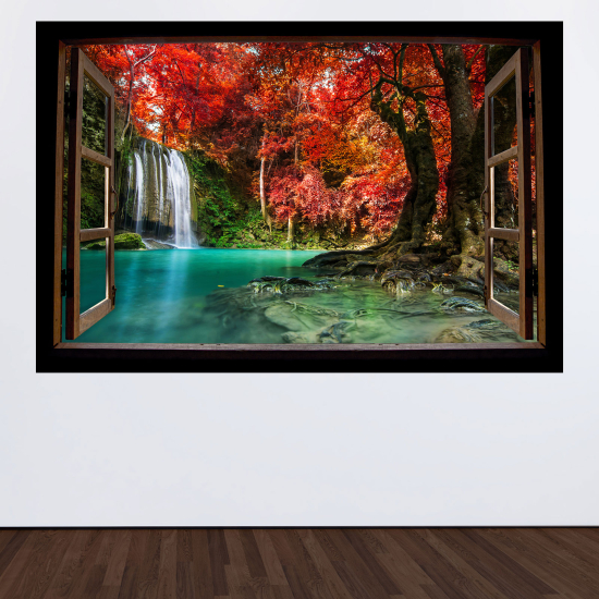 Adesivo Murale - Illusione ottica - Finestra in legno - Cascate