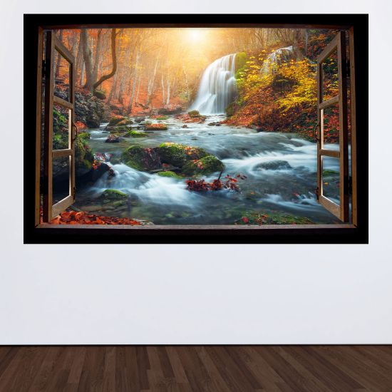 Adesivo Murale - Illusione ottica - Finestra in legno - Cascate