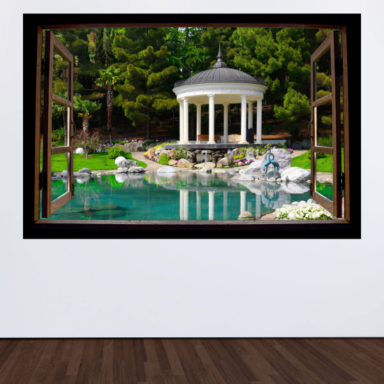 Adesivo Murale - Illusione ottica - Finestra in legno - Giardino