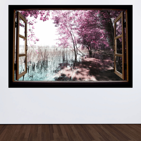 Adesivo Murale - Illusione ottica - Finestra in legno - Lago