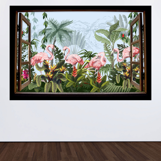 Adesivo Murale - Illusione ottica - Finestra in legno per Bambini - Fenicotteri rosa