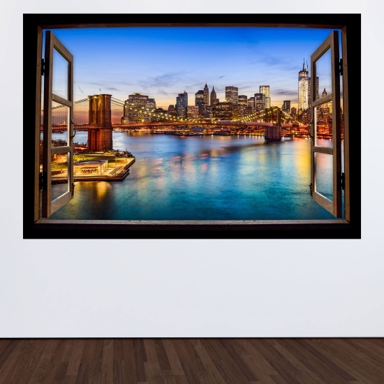 Adesivo Murale - Illusione ottica - Finestra in legno - Ponte New York