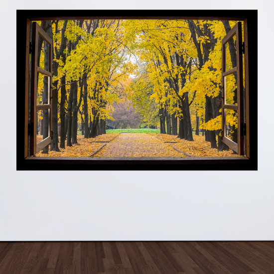 Adesivo Murale - Illusione ottica - Finestra in legno - Sentiero foresta