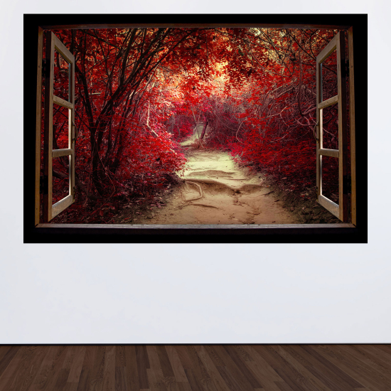 Adesivo Murale - Illusione ottica - Finestra in legno - Sentiero foresta