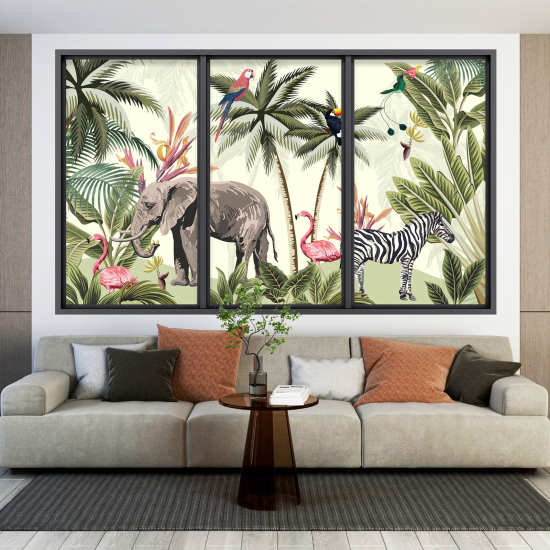 Adesivo Murale - Illusione ottica - Finestra per Bambini - Giungla Animali