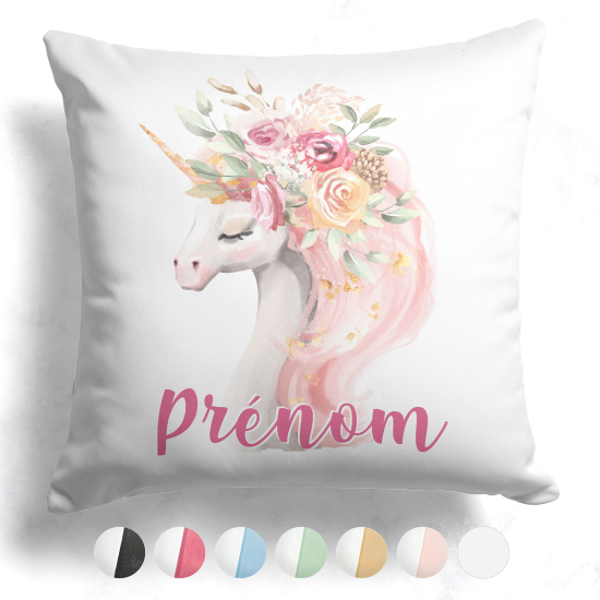 Cuscino bicolore personalizzato - Unicorno fiori