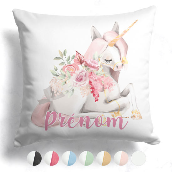 Cuscino bicolore personalizzato - Unicorno fiori
